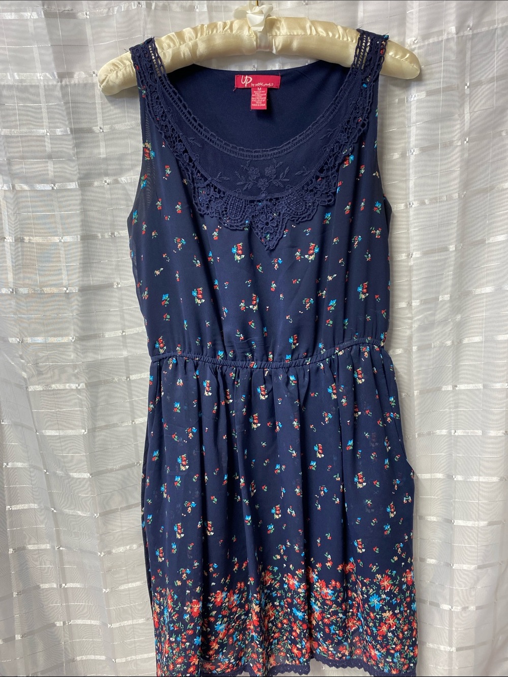 Ultra Pink Navy Floral Sleeveless Midi Dress with Crochet Yoke